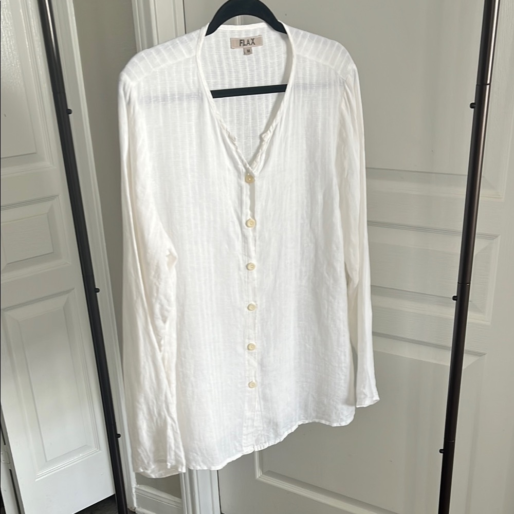 Flax 100% Linen Button Down Shirt White Size M Lagenlook